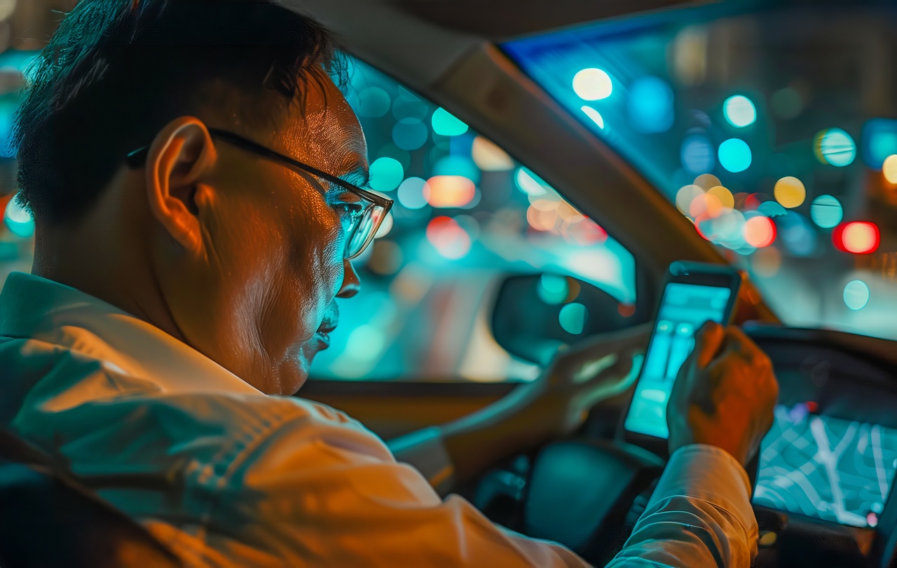 A taxi driver looking at a ride-sharing app notification in the driver's seat of a vehicle at night, interacting with a smartphone.