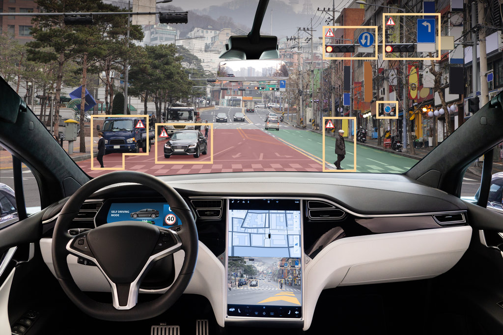 Autonomous car with HUD (Head Up Display). Self-driving vehicle
