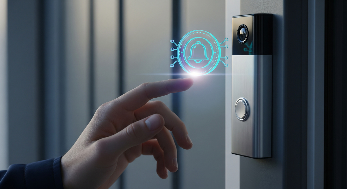 A finger touching a smart doorbell with a glowing blue holographic notification symbol, indicating a modern security and communication system for a home