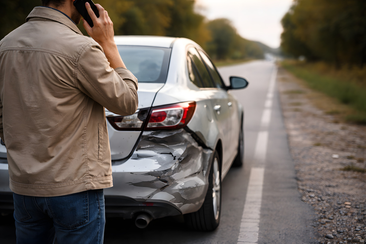 Person on Phone Standing Next to Damaged Car at Side of Road - Car Accident - Car Crash