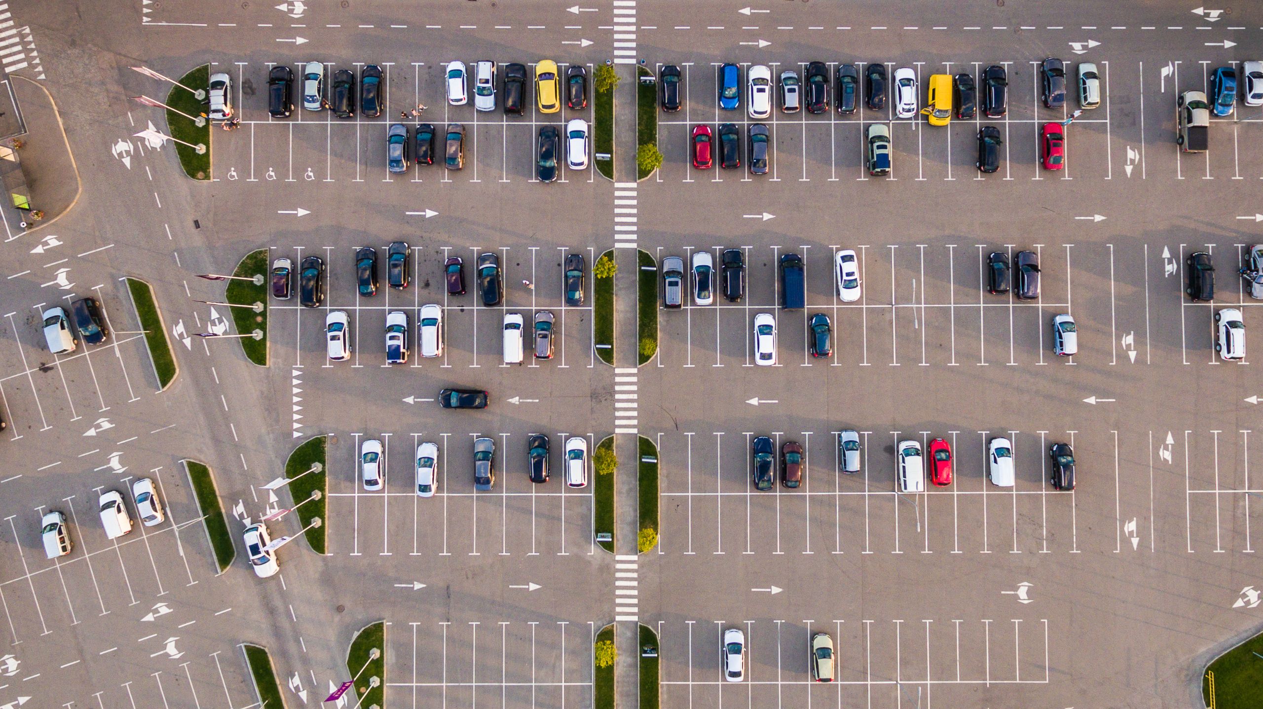 Car parking lot viewed from above, Aerial view. Top view